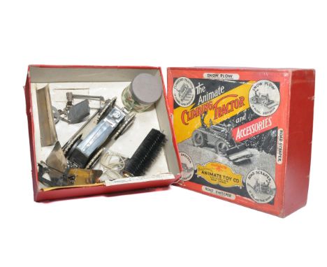 Animate (USA) Tinplate Crawler Tractor and implements set with driver and implements as shown. Displays very good or better w