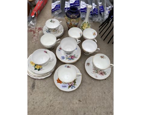 AN ASSORTMENT OF CERAMICS TO INCLUDE TWO VASES AND DUCHESS CUPS AND SAUCERS 
