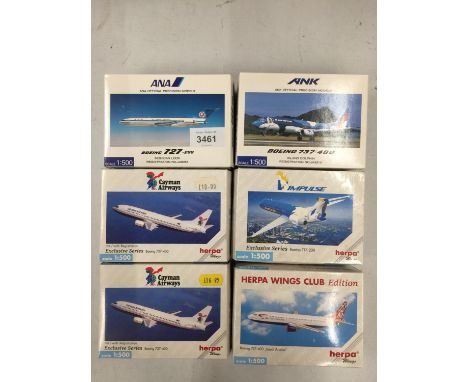 SIX BOXED 1:500 SCALE AEROPLANE MODELS, HERPA ETC 