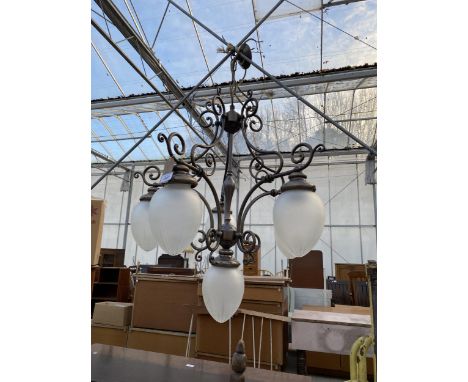A FIVE BRANCH CEILING LIGHT FITTING WITH GLASS SHADES 
