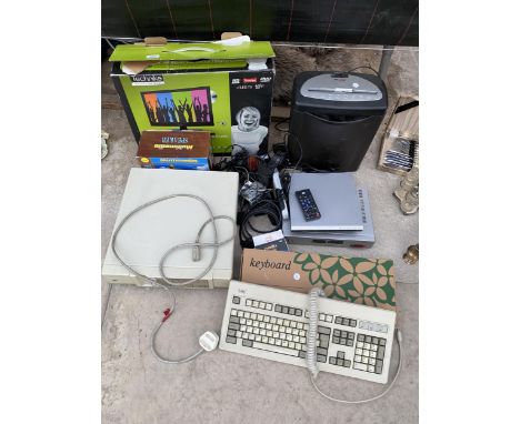 AN ASSORTMENT OF ITEMS TO INCLUDE A MULTIMEDIA SPEAKER, A KEYBOARD AND A PAPER SHREDDER ETC 