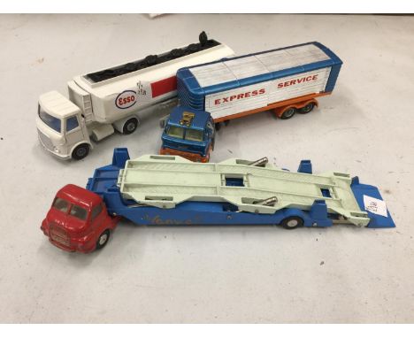 TWO PLAYWORN CORGI MODELS OF A CAR TRANSPORTER AND EXPRESS LORRY AND A DINKY ESSO TANKER 