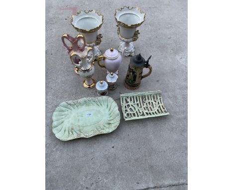 AN ASSORTMENT OF CERAMIC JUGS, VASES AND A STEIN ETC 