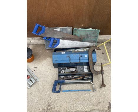 AN ASSORTMENT OF TOOLS AND HARDWARE TO INCLUDE A LARGE G CLAMP, THREE WOOD SAWS AND TWO BOXES OF SCREWS ETC 