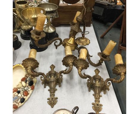 AN ORNATE BRASS CEILING LAMP WITH THREE CANDLE BRANCHES PLUS A MATCHING PAIR OF WALL LIGHTS 