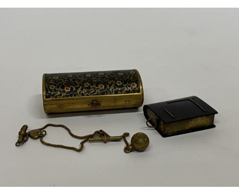 THREE ITEMS - VINTAGE BOOK MEASURING TAPE, GILT DESIGN TRINKET BOX AND PLATED VINTAGE ALBERT CHAIN 