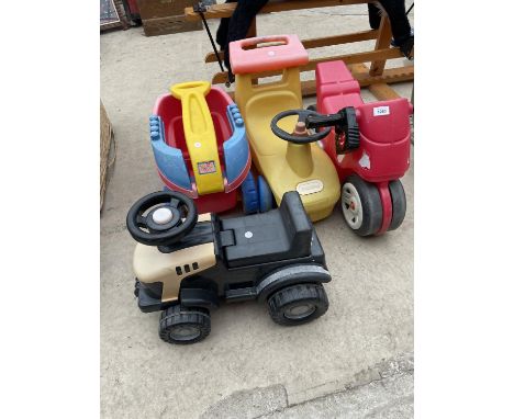 AN ASSORTMENT OF CHILDRENS TOYS TO INCLUDE A TRACTOR, A MOTRO BIKE AND A MEGABLOCKS TROLLEY ETC 