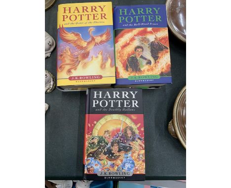 THREE FIRST EDITION HARRY POTTER HARDBACK BOOKS "THE DEATHLY HALLOWS" HALF BLOOD PRINCE" "ORDER OF THE PHOENIX" 