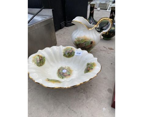 A CERAMIC JUG AND WASH BOWL DEPICTING PHEASANTS 