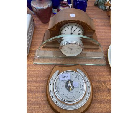 TWO MANTEL CLOCKS AND A BAROMETER 