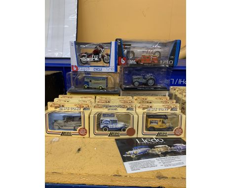 A QUANTITY OF BOXED VEHICLES TO INCLUDE LLEDO VANS, MOTORBIKE, FIRE ENGINE, TRACTORS ETC 