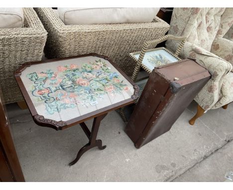 A MID 20TH CENTURY MAHOGANY TILT-TOP FIRESCREEN/TABLE WITH WOOLWORK TOP, 1960'S FOLDING AFTERNOON TEA STAND AND COMPRESSED FI