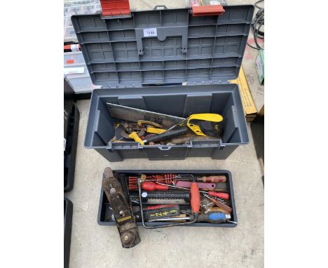 A TOOL BOX WITH AN ASSORTMENT OF TOOLS TO INCLUDE A WOOD PLANE AND A BRACE DRILL ETC 