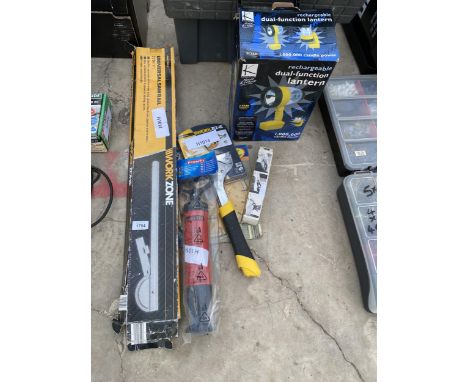 AN ASSORTMENT OF ITEMS TO INCLUDE A SAW RAIL, A DUAL FUNCTION LANTERN AND A HAMMER TACKER ETC 