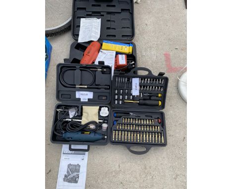 AN ASSORTMENT OF TOOLS TO INCLUDE A DRILL BIT SET, A NAIL GUN AND A DREMMEL DRILL ETC 