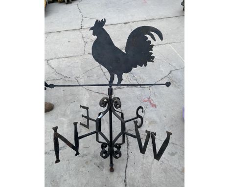 A LARGE WROUGHT IRON WEATHER VANE WITH COCKEREL TOP