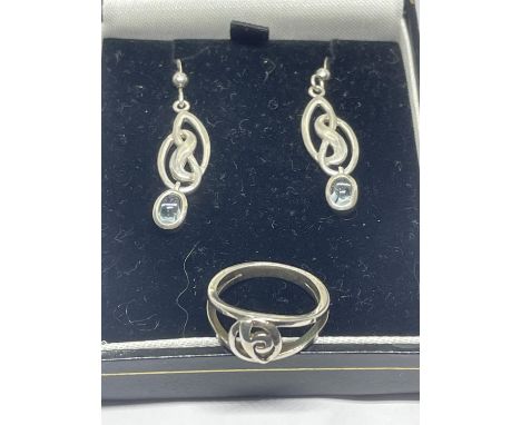 A MACINTOSH STYLE SILVER EARRINGS AND RING IN A PRESENTATION BOX 