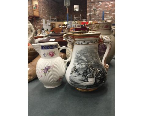 TWO VINTAGE JUGS, ONE TRANSFER PATTERNED 'THE OLD PATRIOTIC JUG' PLUS A COPY OT 'THE CAUGHLEY MASK-HEAD JUG' BY COALPORT 