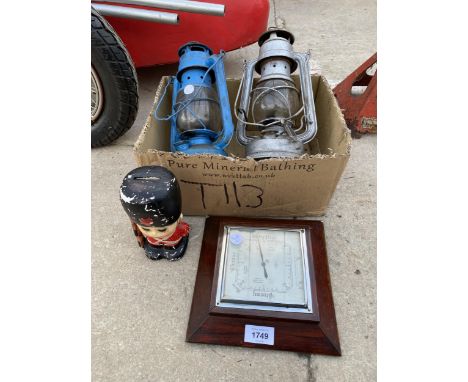 AN ASSORTMENT OF ITEMS TO INCLUDE TWO PARAFFIN LAMPS AND A BAROMETER ETC 