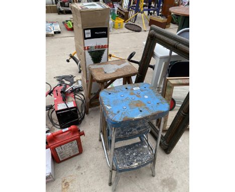 A VINTAGE WOODEN STEP STOOL AND A RETRO FOLDING STEP STOOL 