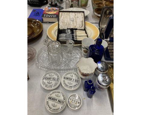 A QUANTITY OF ITEMS TO INCLUDE POT LIDS, BOXED FLATWARE, VINTAGE BLUE BOTTLES, GLASS DRESSISNG TABLE SET, ROYAL WORCESTER EGG