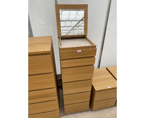 A MODERN OAK EFFECT CHEST OF SIX DRAWERS WITH VANITY MIRROR, 16" WIDE 
