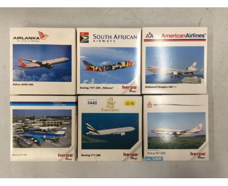 SIX BOXED MODEL AEROPLANES, HERPA ETC - SCALE 1:500 