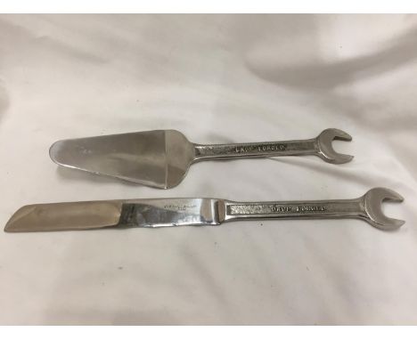 A CAKE SLICE AND CAKE KNIFE WITH SPANNER HANDLES 