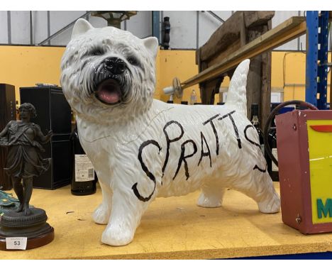 A LARGE CERAMIC MODEL OF A DOG WITH ADDED SPRATTS DESIGN, HEIGHT 43CM A/F 