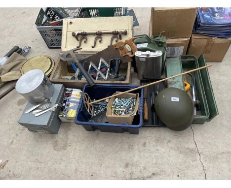 A LARGE ASSORTMENT OF TOOLS AND HARDWARE TO INCLUDE CHISELS, NUTS AND BOLTS, A JERRY CAN AND SPANNERS ETC 