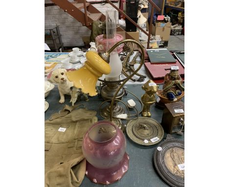 TWO VINTAGE OIL LAMPS WITH SHADES, ONE WITH HANDPAINTED PINK CERAMIC MIDDLE AND CRANBERRY GLASS SHADE, PLUS A VINTAGE STYLE T