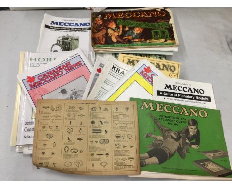 A BUNDLE OF VINTAGE MECCANO BOOKS AND MAGAZINES TO INCLUDE THE MECCANO CONSTRUCTOR'S GUIDE, MODEL PLANS SUCH AS THE "REVOLUTI