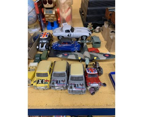 A LARGE QUANTITY OF VARIOUS CARS TO INCLUDE MINIS, LANDROVER, A TRACTION ENGINE AND A PLANE 