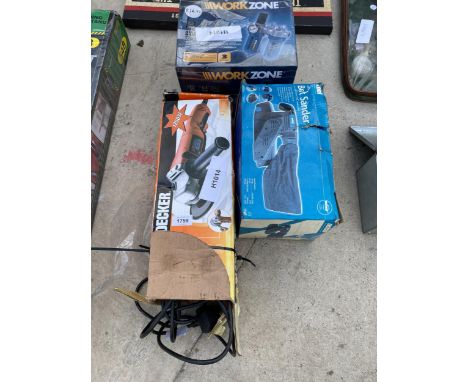 THREE POWER TOOLS TO INCLUDE A BELT SANDER AND A BLACK AND DECKER GRINDER ETC 
