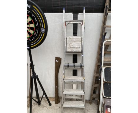 A FOUR RUNG ALUMINIUM STEP LADDER AND AN ABRU THREE WAY LADDER 