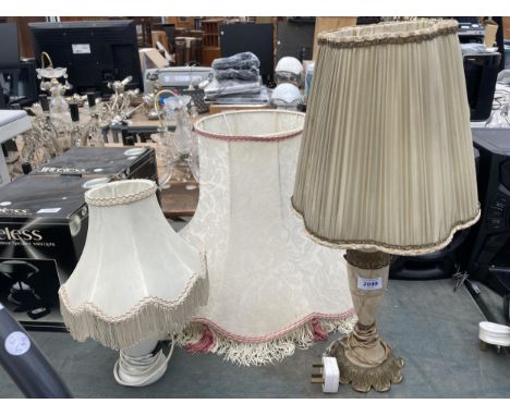 TWO TABLE LAMPS WITH SHADES AND A FURTHER LARGE LIGHT SHADE 