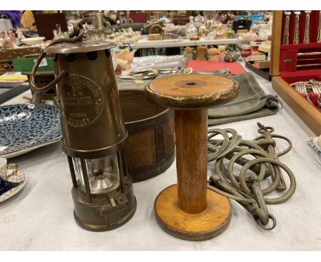 A VINTAGE 'ECCLES' SAFETY MINERS LAMP, WOODEN BOBBIN, METAL BANDED BOWL, HORSE BITS, ETC 