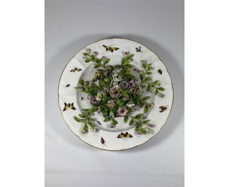 A POSSIBLY SITZENDORF 19TH CENTURY HARD PASTE PORCELAIN PLATE WITH FLORAL ENCRUSTED AND HAND PAINTED BUTTERFLY DESIGN, MARKED
