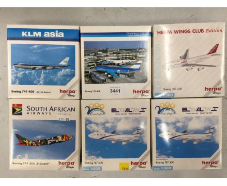 SIX BOXED MODEL AEROPLANES, HERPA ETC - SCALE 1:500 