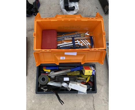A TOOL BOX WITH AN ASSORTMENT OF TOOLS TO INCLUDE SPANNERS AND FILES ETC 