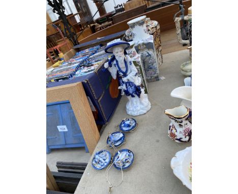 AN ASSORTMENT OF ORIENTAL STYLE CERAMIC ITEMS TO INCLUDE VASES AND A MALE FIGURE ETC 