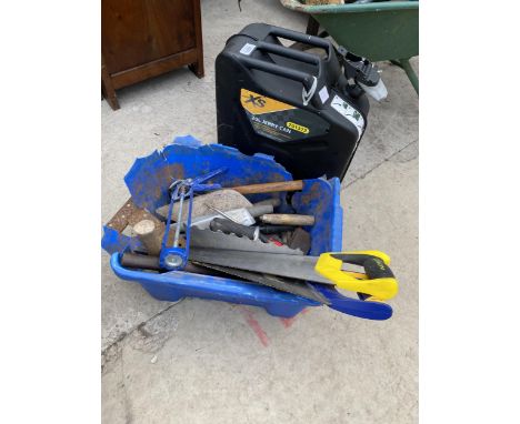 AN ASSORTMENT OF TOOLS TO INCLUDE A JERRY CAN, SAWS AND TROWELS ETC 