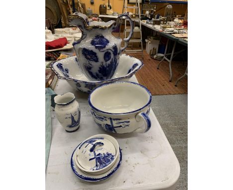 A LARGE VICTORIAN JUG AND BASIN TOGETHER WITH AN EAST ANGLIA EMPIRE WARE BATHROOM SET 
