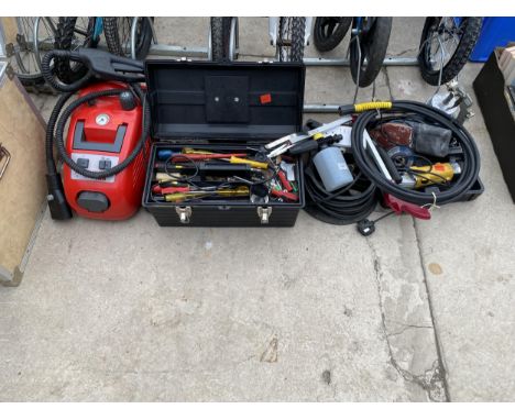 A LARGE ASSORTMENT OF TOOLS TO INCLUDE SCREW DRIVERS, PRESSURE WASHER PIUPE, A COMPRESSORE PAINT SPRAYER AND A VACUUM CLEANER