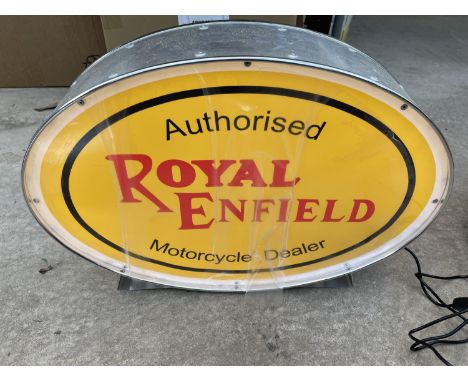 A ROYAL ENFIELD ILLUMINATED LIGHT BOX SIGN - WORKING ORDER AT TIME OF CATALOGUING.  WIDTH 43.5CM, HEIGHT 31CM, DEPTH 10CM 
