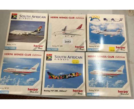 SIX BOXED MODEL AEROPLANES, HERPA ETC - SCALE 1:500 