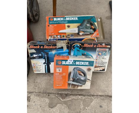 AN ASSORTMENT OF BLACK AND DECKER POWER TOOLS TO INCLUDE A JIGSAW, SCORPION SAW AND DRILL ETC 