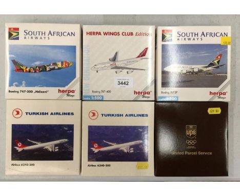 SIX BOXED MODEL AEROPLANES, HERPA ETC - SCALE 1:500 