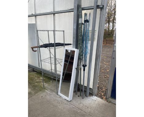 A WHITE MIRROR DOORED CABINET, A WIRE RACK, A ROTARY WASHING LINE AND UMBRELLAS 