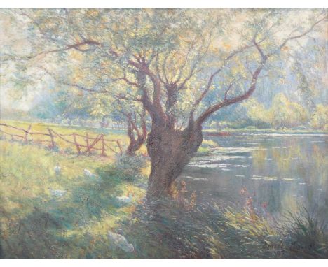 Claus Emile (1849 - 1924) Imposing oil on canvas "Spring on the banks of the Lys" Provenance by heir Chateau de Poucke - Weig